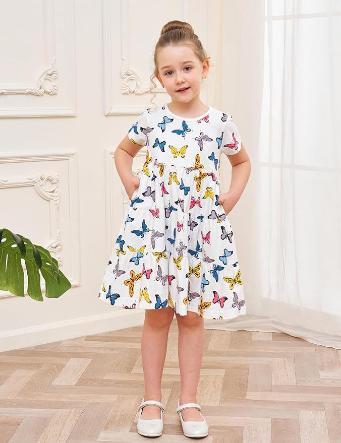 Bumeex Girl's Dresses Cotton Ruffle Sleeve Tiered Swing A-Line Cute Midi Casual Sundress