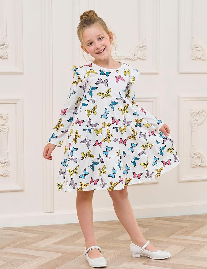 Bumeex Girl's Dresses Cotton Ruffle Sleeve Tiered Swing A-Line Cute Midi Casual Sundress