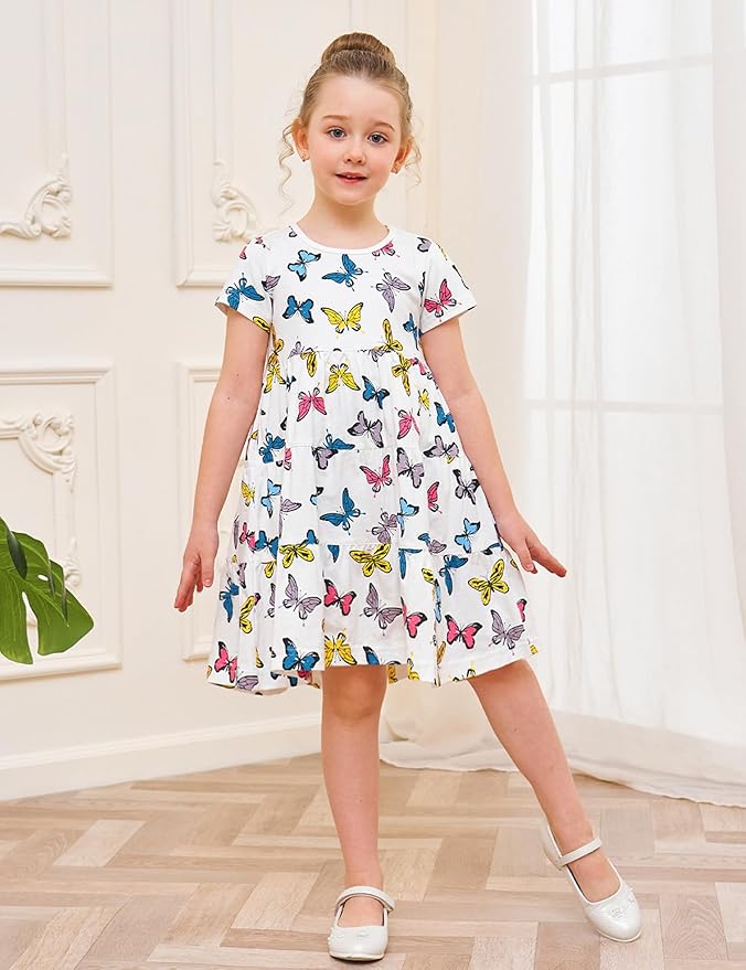 Bumeex Girl's Dresses Cotton Ruffle Sleeve Tiered Swing A-Line Cute Midi Casual Sundress