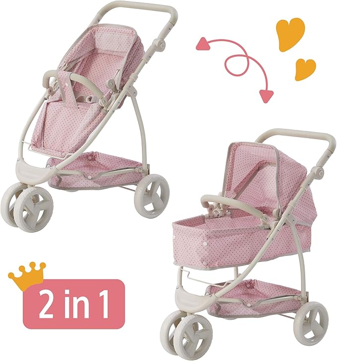 Olivia's Little World 2-in-1 Convertible Baby Doll Stroller with Retractable Canopy, All-Terrain Wheels, and Adjustable Handle, Cream and Pink with Gray Polka Dots