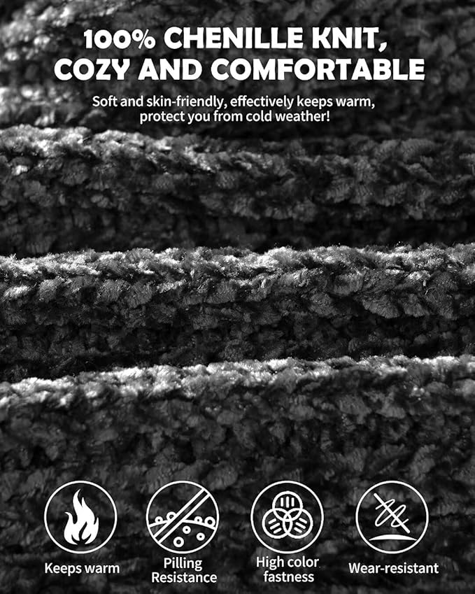 Women Beanie Scarf Gloves Headband Set, Chenille Winter Hats Fleece Lined Ear Warmer Knit Scarf Touchscreen Gloves 4 Gift Set