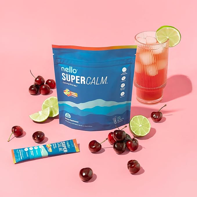 Nello Supercalm Drink Mix - Ashwagandha KSM 66, Magnesium Glycinate & L-Theanine Supplement - Ashwagandha Root Extract - Focus and Relaxation Support (20 Travel Packets) - Cherry Limeade