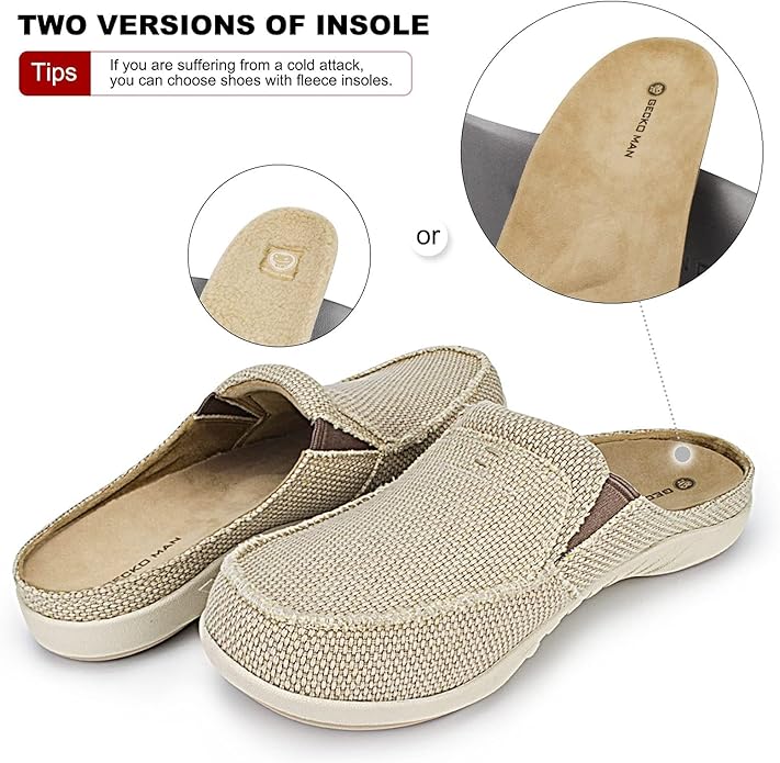 Mens Slippers with Arch Support, Canvas House Slipper for Men with Velvet Lining, Slip On Clog, Indoor Outdoor House Shoes with Anti-Skid Rubber Sole