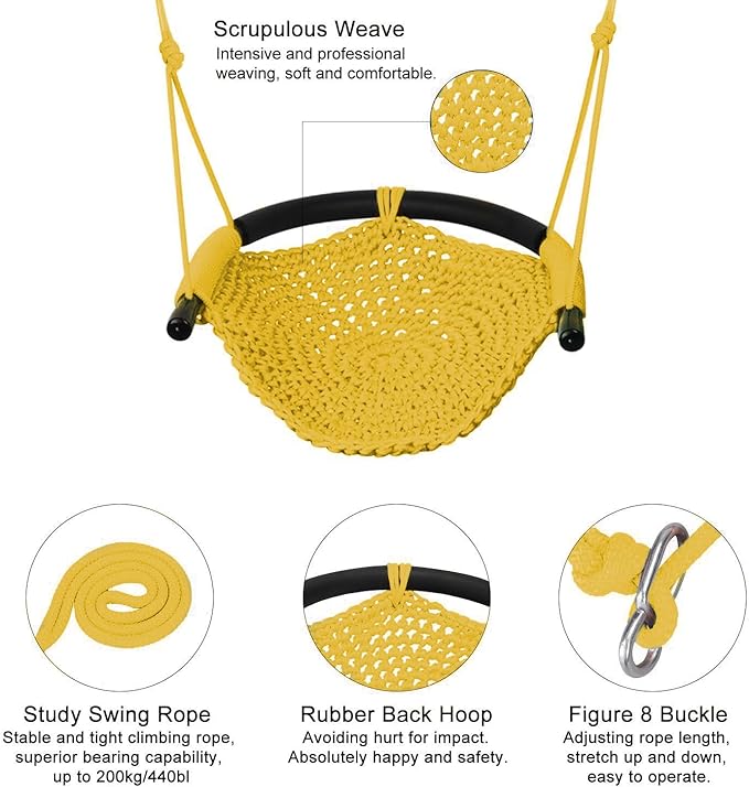 JKsmart Swing Seat for Kids Heavy Duty Rope Play Secure Children Swing Set,Perfect for Indoor,Outdoor,Playground,Home,Tree,with Snap Hooks and Swing Straps,440 lbs Capacity, Yellow