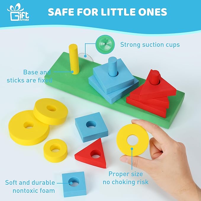 3-in-1 Bath Toys for Toddlers 1-3, Mold Free Foam Sorting & Stacking Sensory Toys - Suction Cup, Shape Color Size Learning Water Toy, Montessori Baby Bathtub Wall Toy for Kids Ages 1-3 2-4