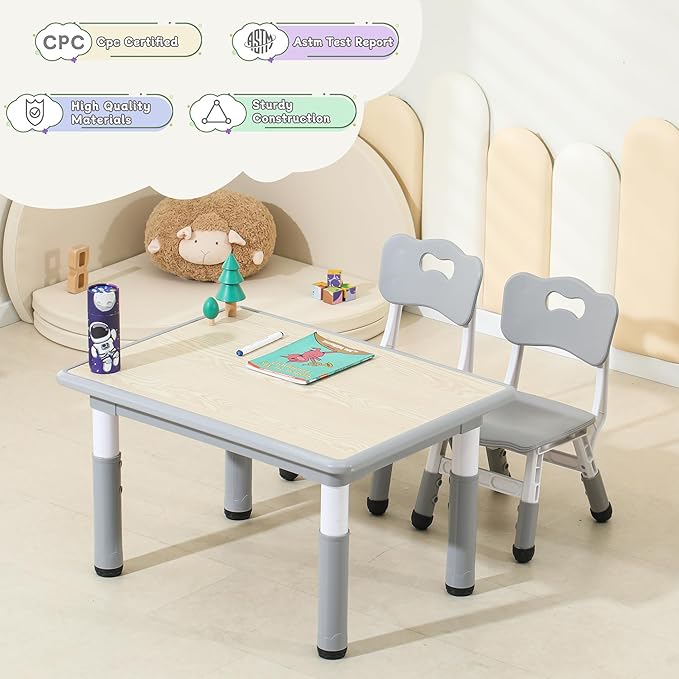 Kids Table and Chairs, Height-Adjustable Toddler Table and Chair Set with 31.5''Lx23.6''W Graffiti Desktop, Table Chair for Ages 3-8, Childrens Table and Chair Set for Daycare with 2 Chairs, Grey