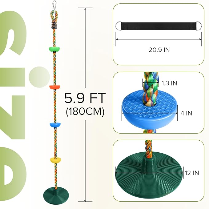 ZNCMRR Rope Swing for Tree Disc Swings Tree Swing for Kids Single Disc Seat and Climbing Rope for Kids Heavy Duty Swing Set for Backyard Playground Accessories Swingset Accessories Outdoor(Green)