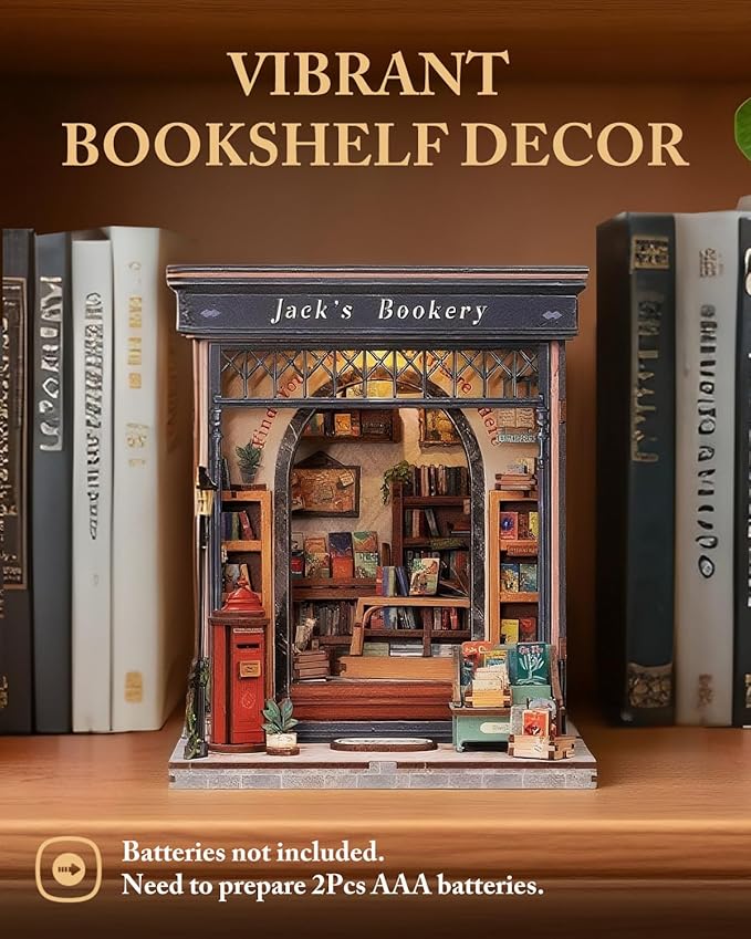 Cutefun Book Nook Kit, DIY Miniature Dollhouse Library Kit for Adults and Teens, Tiny House Building Bookshelf Insert Decor with LED Light, Gifts for Family and Friends (Jack's Bookery)