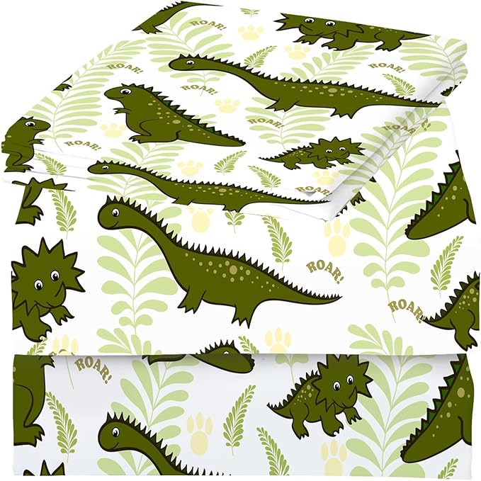 Cartoon Dinosaur Sheets Set Twin for Boys Green Kids Dino Bedding Set with Deep Pocket T-Rex Bed Set with 1 Flat Sheet 1 Fitted Sheet and 1 Pillowcase