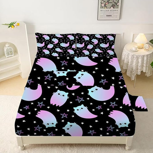 Kids Bedding Cute Ghost Cat Sheet Set Twin Size 3Pcs Kawaii Gradient Cat Bed Sets with 1 Fitted Sheet 1 Flat Sheet 1 Pillowcases for Kids Boys Girls Adults Teens, Black