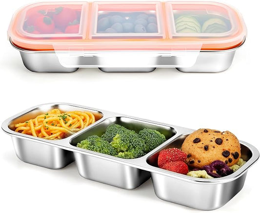 Stainless Steel Snack Containers, Reusable Snack Containers with Lids Stainless Steel Lunch Box with 3 Compartment Divided Food Storage for Home Work Travel Outdoor Camping (Orange 2 Pack)