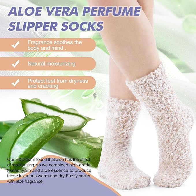 Fuzzy Socks with Grips for Men Women,Non Slip Fluffy Hospital Crew Cozy Warm Socks with Aloe Vera Moisturize