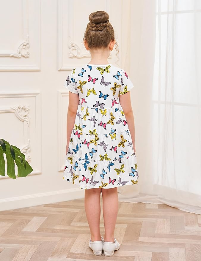 Bumeex Girl's Dresses Cotton Ruffle Sleeve Tiered Swing A-Line Cute Midi Casual Sundress