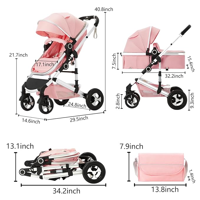 Kinder King 2 in 1 Convertible Baby Stroller, Folding High Landscape Infant Carriage, Newborn Reversible Pram, Adjustable Canopy, Diaper Bag, Pink