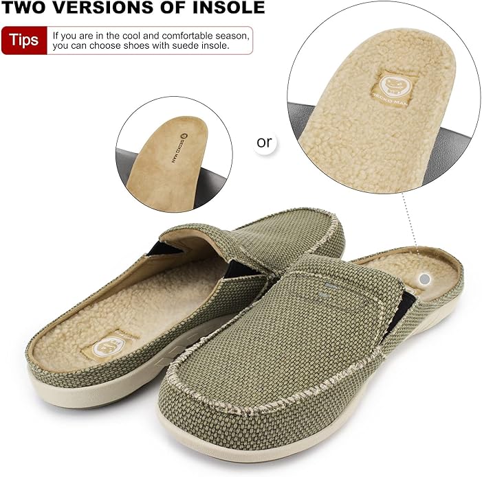 Mens Slippers with Arch Support, Canvas House Slipper for Men with Velvet Lining, Slip On Clog, Indoor Outdoor House Shoes with Anti-Skid Rubber Sole