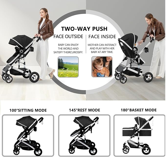 Kinder King 2 in 1 Convertible Baby Stroller, Folding High Landscape Infant Carriage, Newborn Reversible Pram, Adjustable Canopy, Diaper Bag, Anti-Shock Toddler Pushchair Stroller, Black