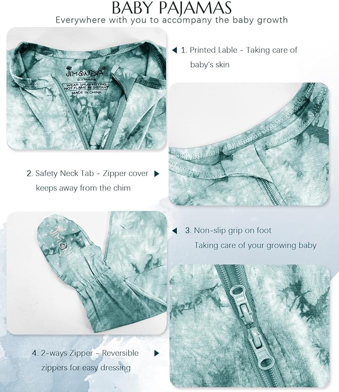 Jimonda Baby Girls Boys Footed Pajamas,Rayon From Bamboo,2 Way Zipper Long Sleeve Soft Sleeper Pjs,Infant Tie-dye Romper