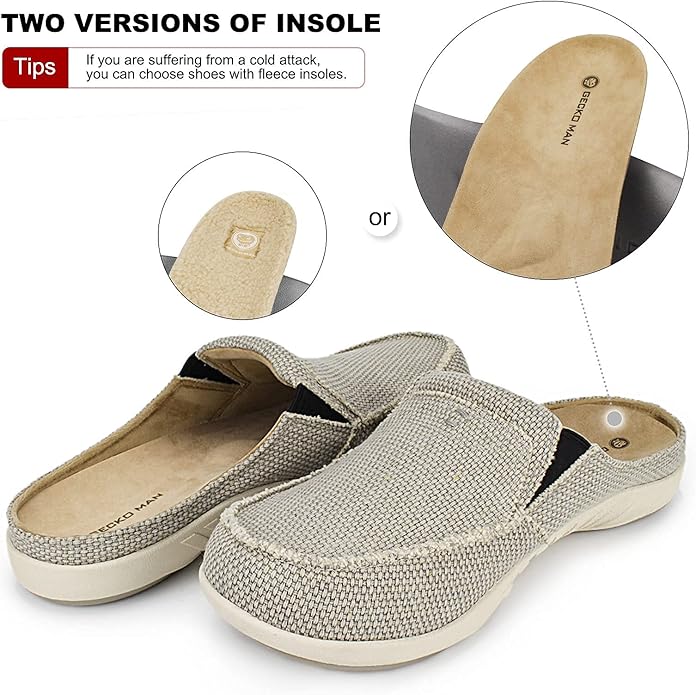 Mens Slippers with Arch Support, Canvas House Slipper for Men with Velvet Lining, Slip On Clog, Indoor Outdoor House Shoes with Anti-Skid Rubber Sole
