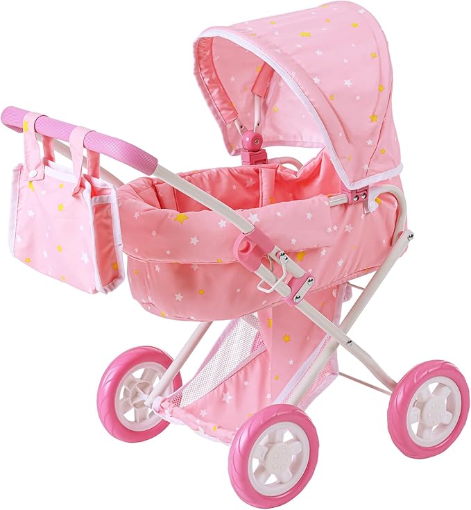 Olivia's Little World - Play Baby Doll Bassinet Stroller, Baby Doll Pram Stroller Buggy for 3 4 5 Year Old Girls, Toy Stroller for Toddlers 1-3, Twinkle Stars Princess Deluxe Toy Stroller - Pink/White