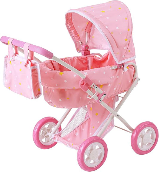 Olivia's Little World - Play Baby Doll Bassinet Stroller, Baby Doll Pram Stroller Buggy for 3 4 5 Year Old Girls, Toy Stroller for Toddlers 1-3, Twinkle Stars Princess Deluxe Toy Stroller - Pink/White