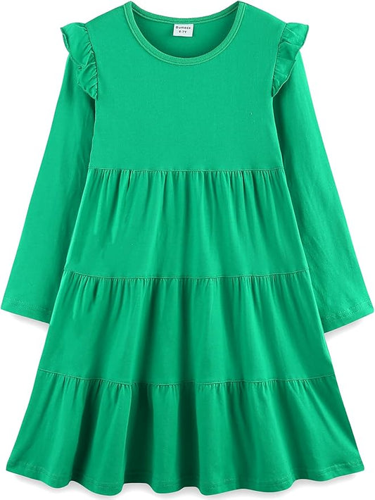 Bumeex Girl's Dresses Cotton Ruffle Sleeve Tiered Swing A-Line Cute Midi Casual Sundress