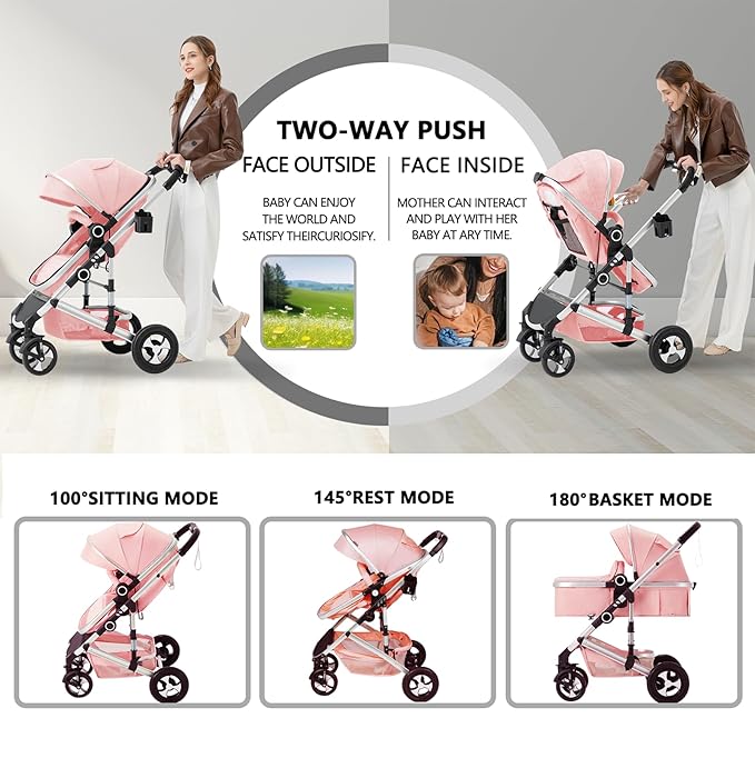 Kinder King 2 in 1 Convertible Baby Stroller, Folding High Landscape Infant Carriage, Newborn Reversible Pram, Adjustable Canopy, Diaper Bag, Pink