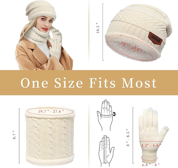 MAYLISACC Winter Knit Beanie Hat Neck Warmer Scarf and Touch Screen Gloves Set 3 Pcs Fleece Lined Skull Cap for Men Women