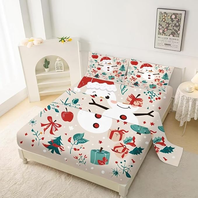 Beige Kids Christmas Sheet Set - Full Size Cute Snowman Christmas Sheets for Girls - Soft Bedding Set with 1 Flat Sheet + 1 Fitted Sheet + 2 Pillowcases