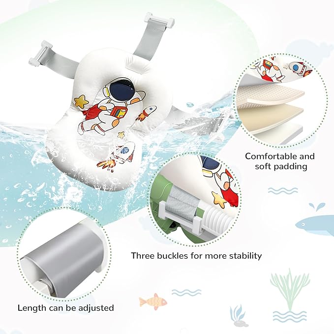 Collapsible Baby Bathtub for Newborn to Toddler (0-24 Months), Portable Baby Bath Tub for Travel, Newborn Bathtub with Soft and Supportive Cushion (Astronaut-Green)