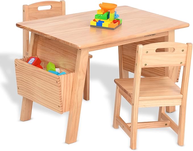 Kids Solid Wood Table and 2 Chair Set with Storage Desk and Chair Set for Children Toddler Activity Table (Solid Wood/Natural)