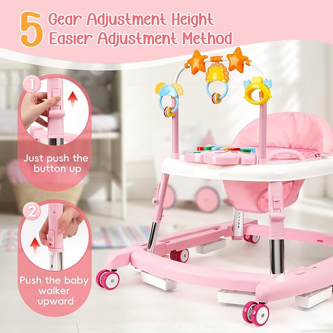 5-in-1 Music and Lights Baby Walker Foldable with 5 Adjustable Heights, Baby Walker with Wheels and Bouncer Combo Portable, Infant Toddler Walker for Baby Boy Girls 6-18 Months