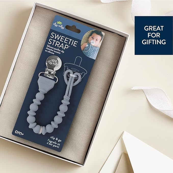 Itzy Ritzy Silicone Pacifier Clip; 100% Food Grade Silicone Pacifier Strap with Clip Keeps Pacifiers, Teethers & Small Toys in Place; Features One-Piece Design & Cord (Storm Gray)