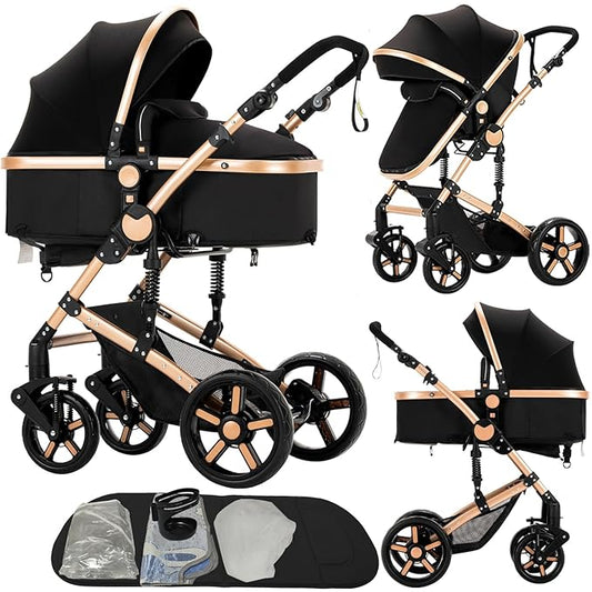 2 in 1 Baby Stroller, Convertible Pram, Reversible Standard Baby Stroller, Portable Baby Buggy, Infant Carriage, Foldable High Landscape Pushchair for Toddler Newborn (2US588-BG)