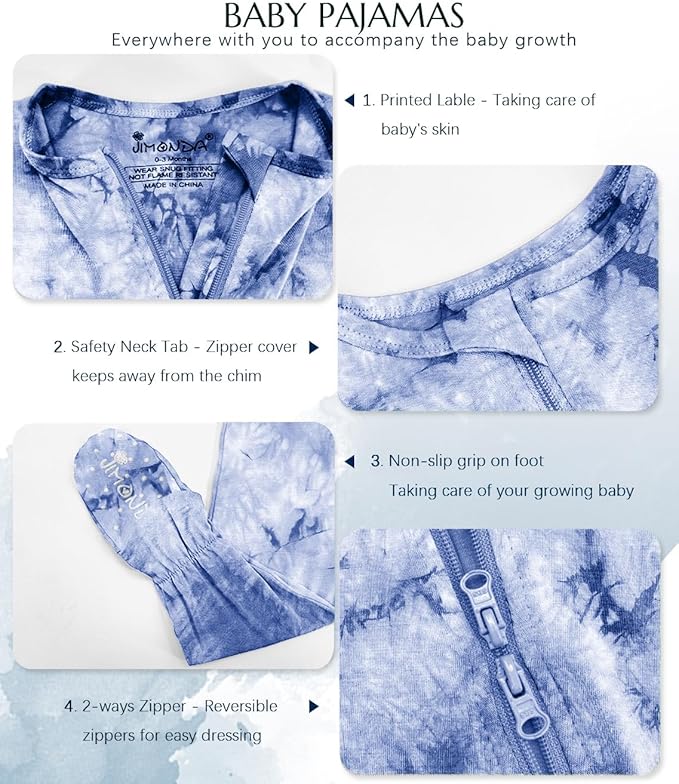 Jimonda Baby Girls Boys Footed Pajamas,Rayon From Bamboo,2 Way Zipper Long Sleeve Soft Sleeper Pjs,Infant Tie-dye Romper