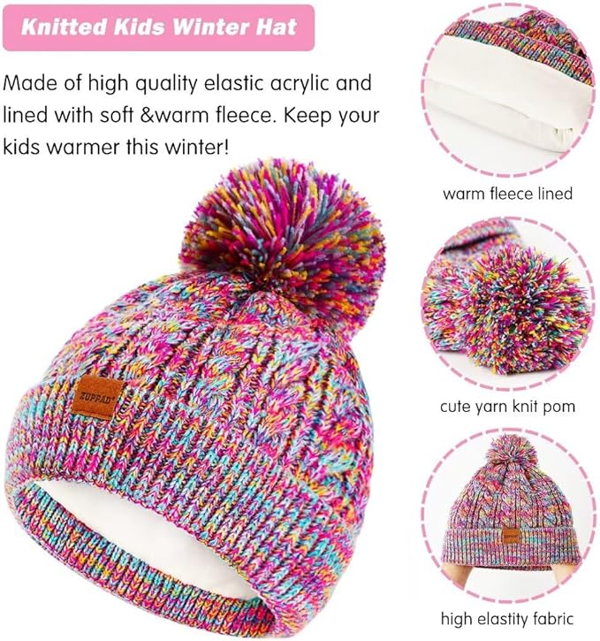 Kids Winter Hat Gloves Scarf Set,Girls Toddler Children Hats Beanie with Pom Knit Neck Warmer Gaiter Mittens Fleece Lined Set