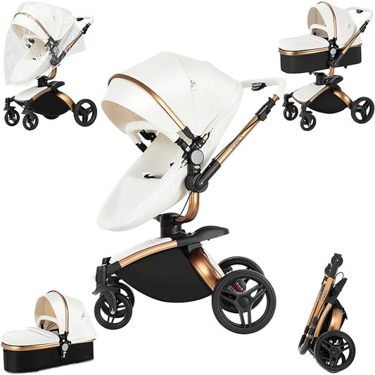 PU Leather 2 in 1 Baby Stroller with 360° Rotatable Seat, Convertible Reversible Standard Baby Pram Portable Pushchair Infant Carriage Foldable High Landscape Pram for Toddler Newborn (HR001-White)