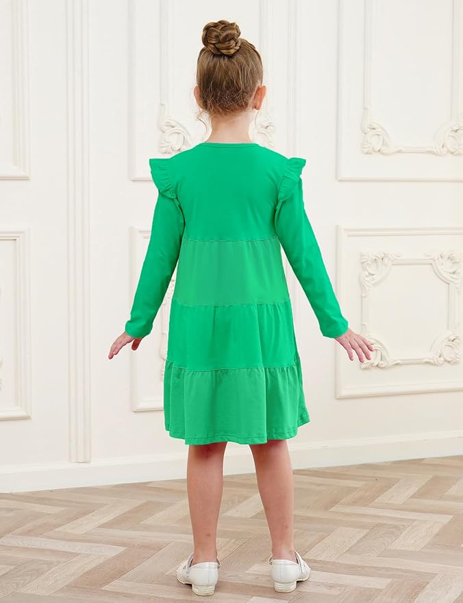 Bumeex Girl's Dresses Cotton Ruffle Sleeve Tiered Swing A-Line Cute Midi Casual Sundress