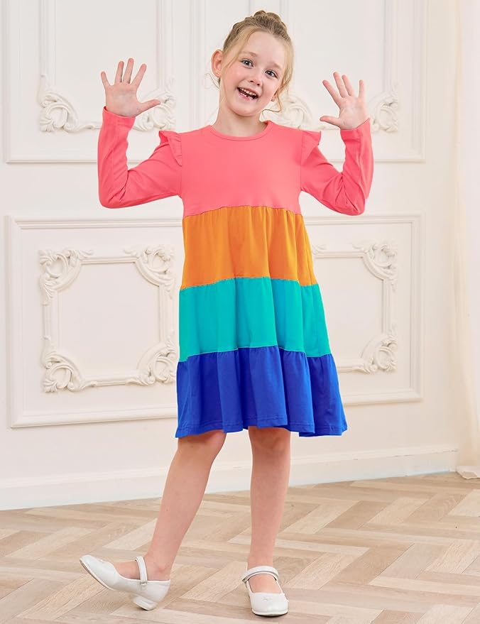 Bumeex Girl's Dresses Cotton Ruffle Sleeve Tiered Swing A-Line Cute Midi Casual Sundress
