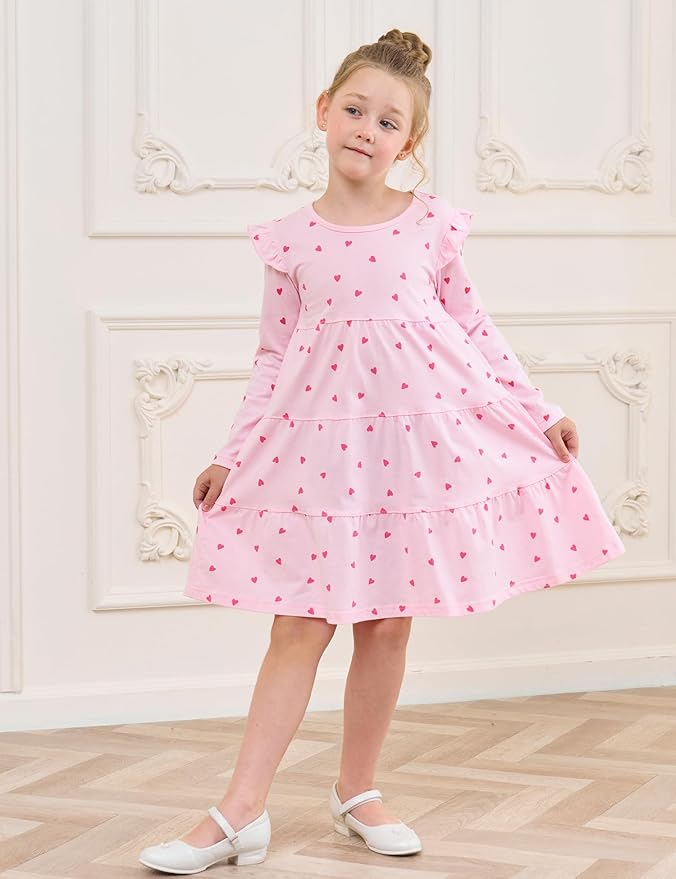 Bumeex Girl's Dresses Cotton Ruffle Sleeve Tiered Swing A-Line Cute Midi Casual Sundress