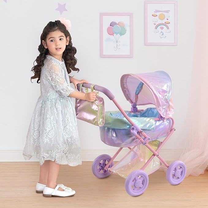 Olivia's Little World Baby Doll Stroller, 2-in-1 Doll Pram Buggy for Girls Age 3+, Fits up to 18” Dolls, Baby Stroller for Dolls, Stroller Toy for Kids, Iridescent