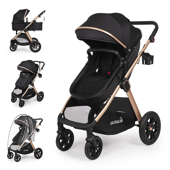 6-in-1 Convertible Baby Stroller with Bassinet Pushchair - Folding Infant Newborn Stroller w/Footmuff, Rain Cover, Cup Holder & Large Storage, Toddler w/All-Scene Large Wheels, Reversible Seat(Black)