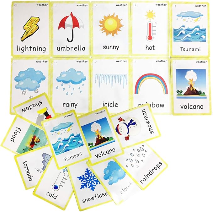 SANTSUN 24 Pcs Weather Flashcards Set - Classroom Decorations Kindergarten Teacher Tools - Educational Teaching Picture & Word Cards for Kids Boys Girls Early Learning