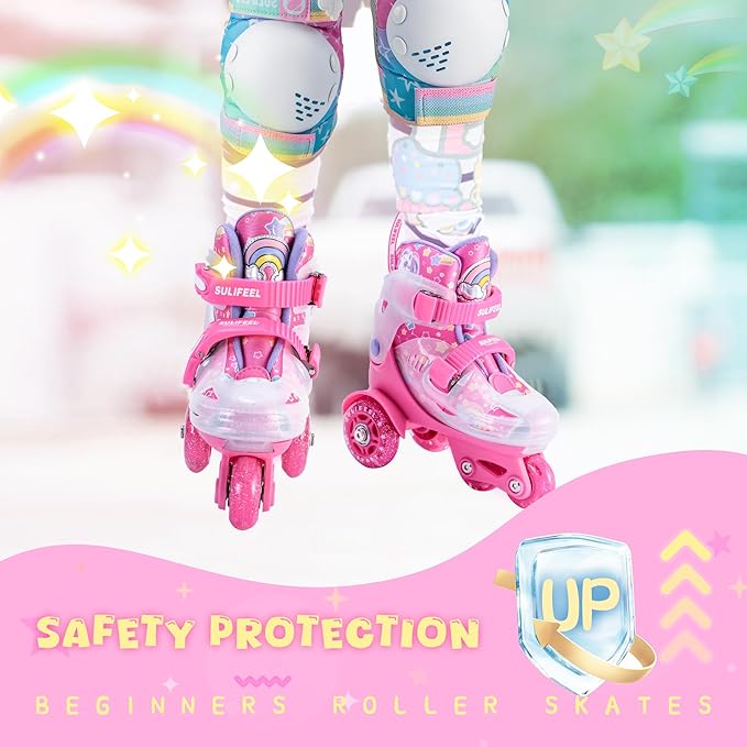 SULIFEEL Adjustable Roller Skates for Girls Boys Kids,Fun Illuminating Light Up Flash Wheels Three-Point Type Balance Suitable for Beginners Indoor Roller Skating