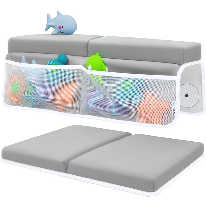 Comfortable Baby Bath Kneeler and Elbow Rest Pad Set – Thick Memory Foam Bath Kneeling Pad with Elbow Support – Baby Bathtub Cushion with Toy Organizer for Bathing Infant or Toddler - Grey