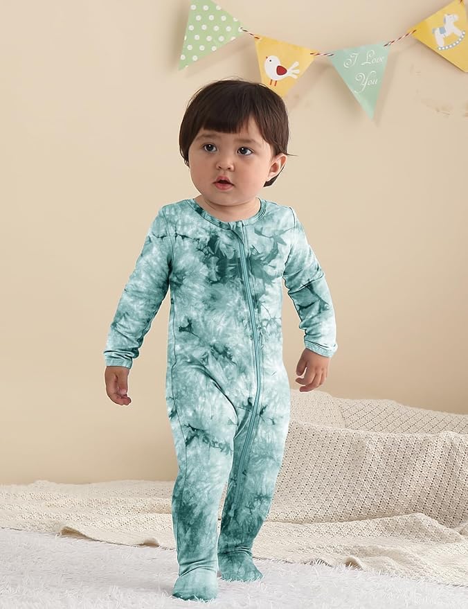 Jimonda Baby Girls Boys Footed Pajamas,Rayon From Bamboo,2 Way Zipper Long Sleeve Soft Sleeper Pjs,Infant Tie-dye Romper
