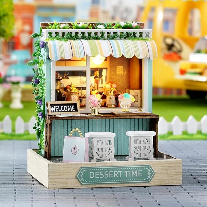 TuKIIE DIY Miniature Dollhouse Kit with Furniture, 1:24 Scale Creative Room Mini Wooden Doll House Plus Dust Proof for Kids Teens Adults(Dessert Time)
