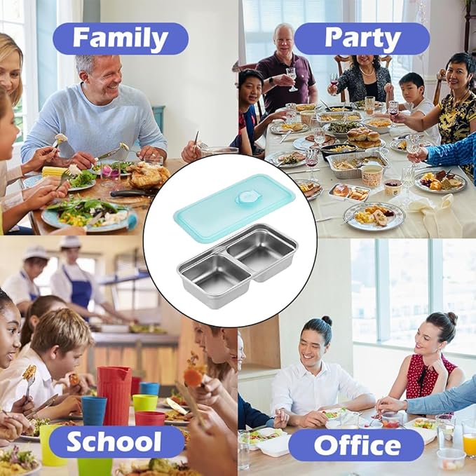 Antenat Reusable Stainless Steel Snack Containers with Lids (4PCS) –Double Compartment, Leak-Proof Food Containers with 2 Forks, Portable for Travel, Camping, Office Lunch, Takeout, Picnic & Dessert