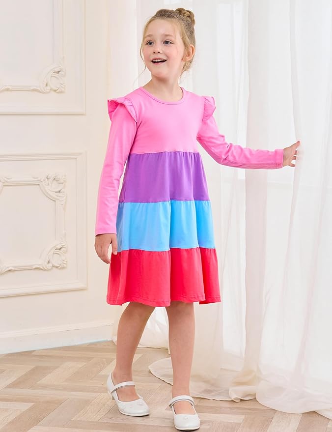 Bumeex Girl's Dresses Cotton Ruffle Sleeve Tiered Swing A-Line Cute Midi Casual Sundress