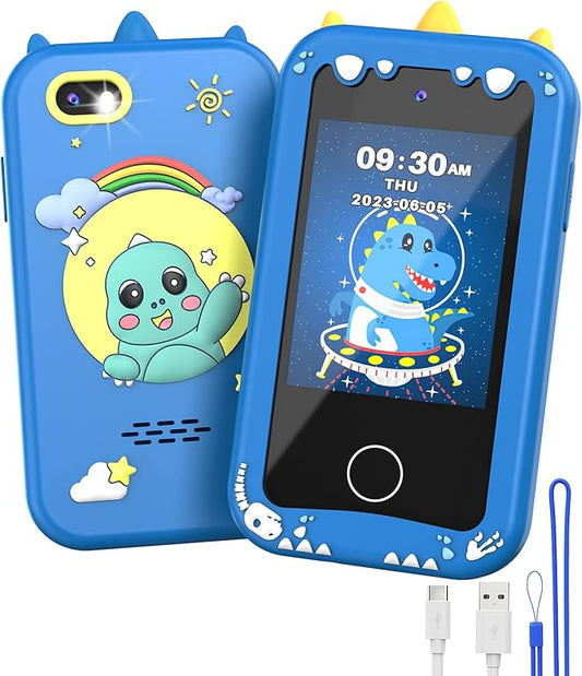 UCIDCI Dinosaur Kids Smart Phone Toys for Boy Dual Camera & Music Player Toddler Selfie Phone Toys Road Trip Toys with Learning Games, Christmas, Birthday Gifts for 3 4 5 6 7 Year Old Blue