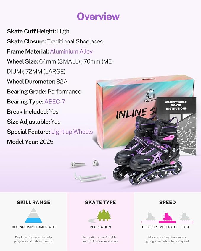 Gonex Inline Skates for Girls Boys Kids, Adjustable Skates Outdoor Blades Inline Roller Skates for Children Teens Women with Light Up Wheels for Indoor Outdoor Backyard Skating